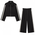 Women's Two Piece Casual Tracksuit Set Side Stripe Long Sleeve Zipper Jacket And High Waisted Wide Leg Pants Sporty Streetwear Outfit For Women