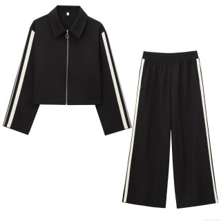 Women's Two Piece Casual Tracksuit Set Side Stripe Long Sleeve Zipper Jacket And High Waisted Wide Leg Pants Sporty Streetwear Outfit For Women