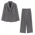 Women's Professional Two Piece Suit Set Double Breasted Blazer and High Waisted Wide Leg Pants Shoulder Padded Jacket Pleated Office Trousers Commute Style Grey