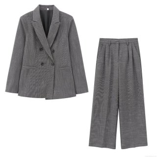 Women's Professional Two Piece Suit Set Double Breasted Blazer and High Waisted Wide Leg Pants Shoulder Padded Jacket Pleated Office Trousers Commute Style Grey