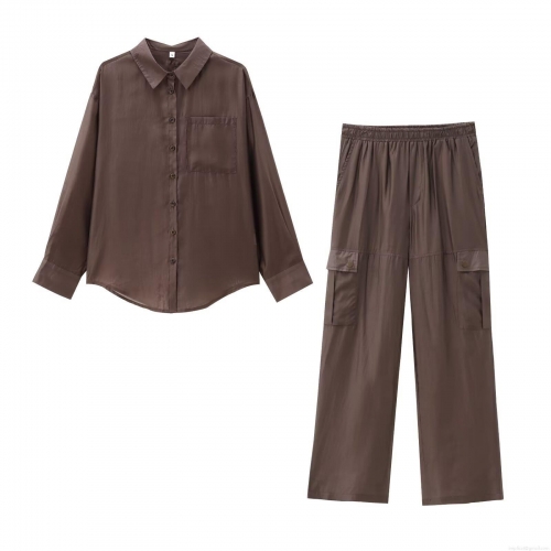 Women's Casual Deep Brown Two Piece Set Tencel Cotton Polyester Long Sleeve Button Back Shirt and High Waist Multi Pocket Cargo Pants Loose Streetwear Outfits