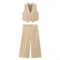 Women's 2 Piece Suit Set Polyester Twill V-Neck Single-Breasted Vest and High Waisted Wide Leg Pants Elegant Office Casual Streetwear Outfit for Ladies