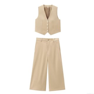 Women's 2 Piece Suit Set Polyester Twill V-Neck Single-Breasted Vest and High Waisted Wide Leg Pants Elegant Office Casual Streetwear Outfit for Ladies