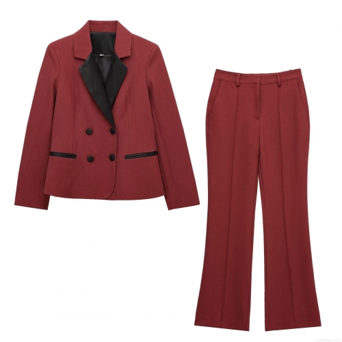 Women Elegant Polyester 2-Piece Suit Set Double Breasted Contrast Lapel Blazer And High Waist Straight Leg Pants Office Lady Streetwear Formal Outfit