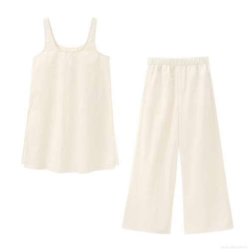 Women's Casual Two Piece Outfits Sleeveless Tank Top And Wide Leg Pants Set Crinkled Fabric Loose Lounge Wear Streetwear Outfits