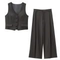 Women's Business Casual 2 Piece Suit Set Solid Color V-Neck Vest Top And High Waist Wide Leg Pants Polyester Office Workwear Outfit