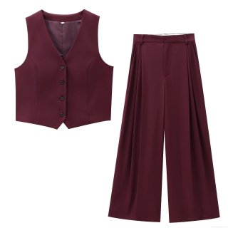 Women's V-Neck Sleeveless Vest And High-Waist Wide-Leg Pants 2-Piece Set Polyester Twill Solid Business Casual Slim Office Wear Suit For Women