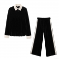 Women's Velvet Two Piece Set Long Sleeve Patchwork Shirt And Wide Leg Pants Velour Tracksuit Casual Contrast Color Streetwear High Waist Trousers Elegant Lounge Outfit