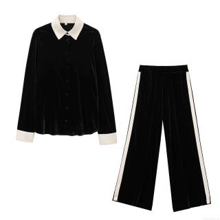 Women's Velvet Two Piece Set Long Sleeve Patchwork Shirt And Wide Leg Pants Velour Tracksuit Casual Contrast Color Streetwear High Waist Trousers Elegant Lounge Outfit