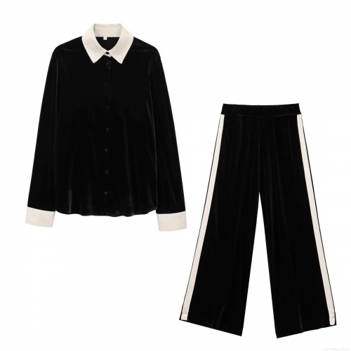 Women's Velvet Two Piece Set Long Sleeve Patchwork Shirt And Wide Leg Pants Velour Tracksuit Casual Contrast Color Streetwear High Waist Trousers Elegant Lounge Outfit