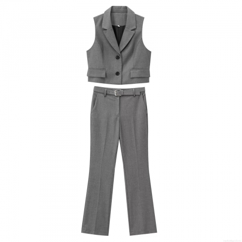 Women's 2 Piece Suit Set Solid Grey Sleeveless Notched Lapel Blazer Vest Top And Straight Leg Trousers With Belt Office Business Casual Streetwear Outfit