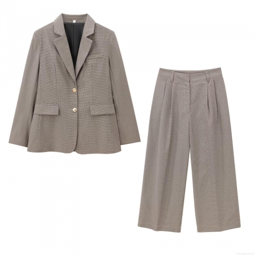 Women Houndstooth Blazer And Wide Leg Pants Two Piece Suit Set Polyester Gold Button Single Breasted Jacket High Waist Trousers Streetwear Office Lady