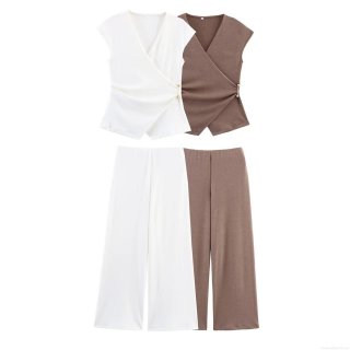 Women's Casual Cotton Blend Sleeveless V Neck Wrap Top And High Waist Wide Leg Pants Two Piece Set With Metal Buckle Streetwear Fashion Outfits