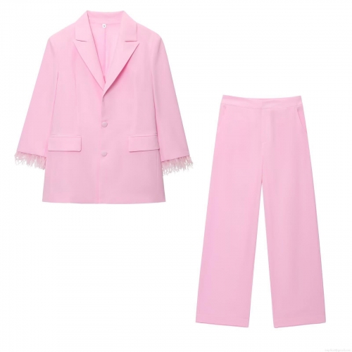 Women's Elegant Pink Two Piece Blazer Set Feather Cuff Long Sleeve Double Breasted Jacket and High Waist Wide Leg Pants Professional Office Party Suit