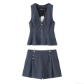 Women Casual Dark Blue 3 Piece Set Polyester Linen Texture V Neck Vest High Waist Wide Leg Long Pants And Shorts Suit Set For Office Street Daily Wear