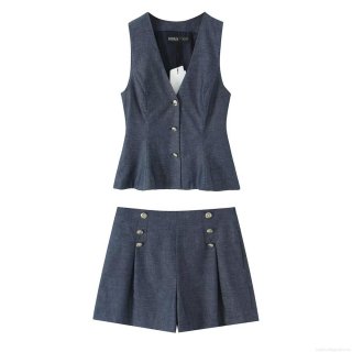 Women Casual Dark Blue 3 Piece Set Polyester Linen Texture V Neck Vest High Waist Wide Leg Long Pants And Shorts Suit Set For Office Street Daily Wear
