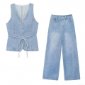 Women's Casual Denim 2 Piece Set V-Neck Sleeveless Waistcoat And High Waist Wide Leg Jeans Pants Light Blue Streetwear Outfits