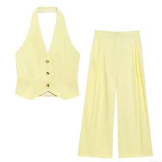 Elegant French Style Women's Two Piece Set Halter Neck Button Vest Top And High Waist Wide Leg Pants Polyester Fine Twill Solid Color Casual OL Suit For Summer Autumn