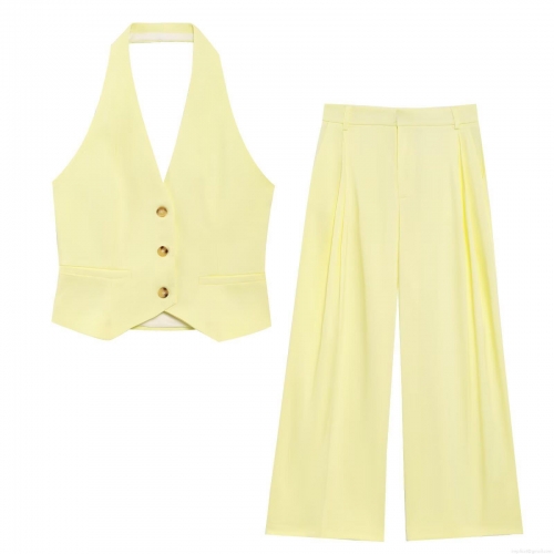 Elegant French Style Women's Two Piece Set Halter Neck Button Vest Top And High Waist Wide Leg Pants Polyester Fine Twill Solid Color Casual OL Suit For Summer Autumn