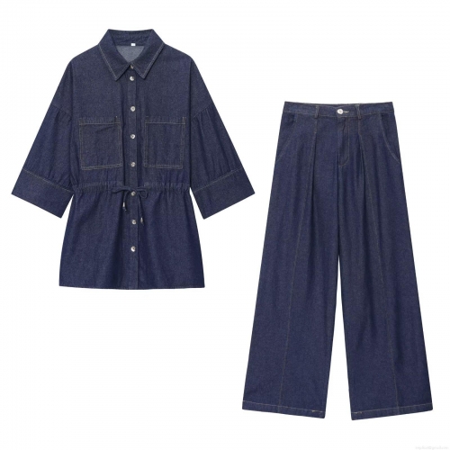 Women's Denim Two-Piece Set High Waist Wide Leg Pants And Tie-Front Shirt Casual Dark Blue European Street Style Outfit Sets