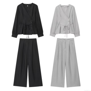 Women's Casual Two Piece Set Solid V-Neck Wrap Tie Waist Long Sleeve Top and High Waist Wide Leg Pants Outfits Set for Women Commuter Streetwear