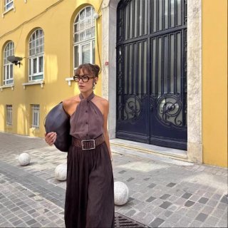 Women's Two Piece Outfits Halter Neck Button Top and High Waist Pleated Wide Leg Pants Set Deep Brown Street Casual Outfits Summer Clothing