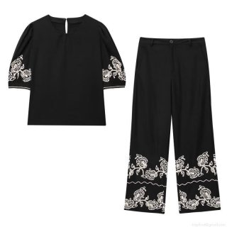 Women's Elegant Floral Embroidery Cotton Linen Blend Two Piece Set Round Neck Bubble Sleeve Top And Wide Leg Pants Casual Streetwear Summer Outfit