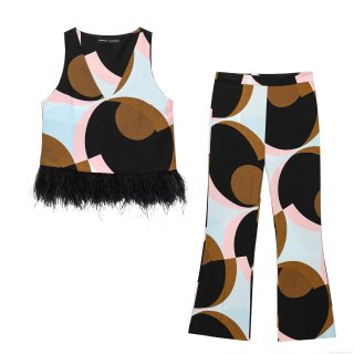 Women's Western Style Two Piece Set Geometric Color Block Sleeveless V-Neck Feather Hem Top And High Waist Flared Pants Streetwear Casual Co-ords