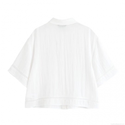 Women's Casual 2 Piece Outfits Short Sleeve Lapel Shirt and Wide Leg Pants Set Textured Polyester Lace Trim Summer Loungewear Set White