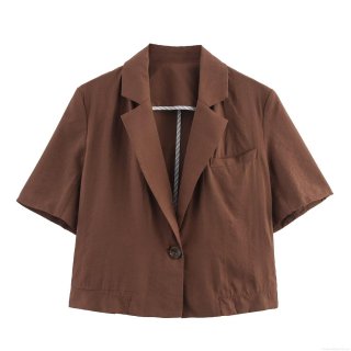 Women's Casual Polyester Linen Texture Short Sleeve Crop Blazer and Beaded Drawstring Shorts Set Solid Color Two Piece Streetwear Outfit for Women