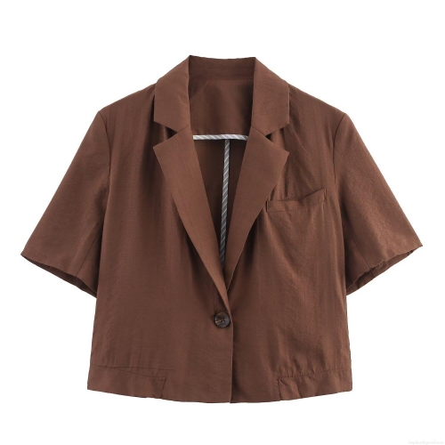 Women's Casual Polyester Linen Texture Short Sleeve Crop Blazer and Beaded Drawstring Shorts Set Solid Color Two Piece Streetwear Outfit for Women