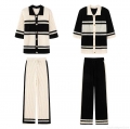 Women's 2 Piece Knit Set Striped Color Block Polo Collar Button Up Cardigan Wide Leg Pants Casual Lounge Outfits Sweatsuit