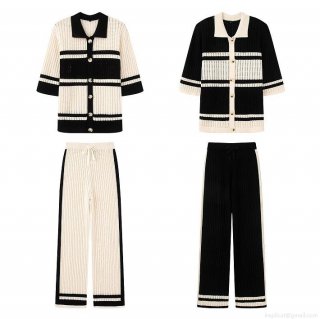 Women's 2 Piece Knit Set Striped Color Block Polo Collar Button Up Cardigan Wide Leg Pants Casual Lounge Outfits Sweatsuit