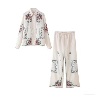 Women's Bohemian Embroidered Shirt And Pants Two-Piece Set Polyester Blend Floral Long Sleeve Lapel Top Wide Leg Trousers Casual Vacation Outfit