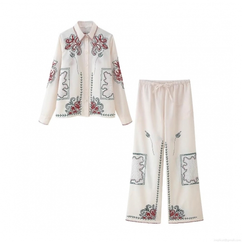 Women's Bohemian Embroidered Shirt And Pants Two-Piece Set Polyester Blend Floral Long Sleeve Lapel Top Wide Leg Trousers Casual Vacation Outfit