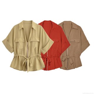 Women's 2 Piece Safari Outfit Set Polyester Short Sleeve Zipper Shirt And High Waist Wide Leg Pants Casual Streetwear Suits For Women Lady