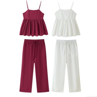 Women's 2-Piece Outfit Set Polyester Camisole Ruffle Hem Top and High Waisted Wide Leg Pants Solid Color Casual Summer Streetwear Set for Women