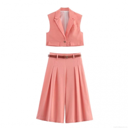Women Coral Pink 2 Piece Set Sleeveless Lapel Vest Top And High Waist Cropped Wide Leg Pants Set With Crocodile Texture Belt Casual Summer Streetwear Outfit