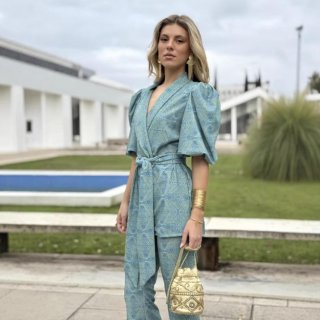 Women 2 Piece Outfit Set Geometric Mandala Print Puff Sleeve V Neck Wrap Top And Straight Leg Pants Set Bohemian Vacation Casual Streetwear Suits