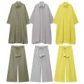 Women's 2 Piece Set Casual Solid Color Long Shirt Dress and Drawstring Wide Leg Pants Suit Polyester Cotton Linen Texture Relaxed Fit Streetwear