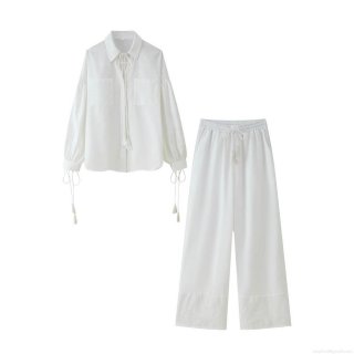 Women's 2 Piece Outfits Cotton Linen Blend Embroidered Long Sleeve Shirt And Wide Leg Pants Boho Tassel Drawstring Casual Vacation Outfits