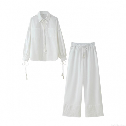 Women's 2 Piece Outfits Cotton Linen Blend Embroidered Long Sleeve Shirt And Wide Leg Pants Boho Tassel Drawstring Casual Vacation Outfits