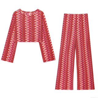 Women's Two Piece Knitting Set Zigzag Wave Stripe Crochet Long Sleeve Crop Top and High Waist Wide Leg Pants Boho Casual Sweatsuit For Women Beach Vacation