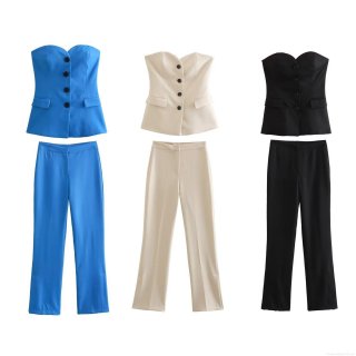 Women's Sexy Strapless Single Breasted Tube Top And High Waist Flare Pants Two Piece Set Solid Color Slim Fit Polyester Suit For Party Club Streetwear
