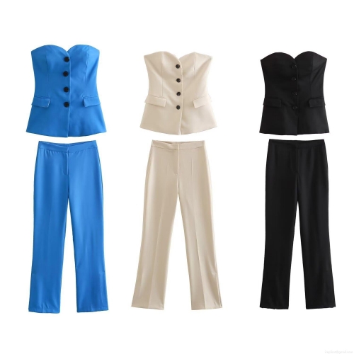 Women's Sexy Strapless Single Breasted Tube Top And High Waist Flare Pants Two Piece Set Solid Color Slim Fit Polyester Suit For Party Club Streetwear
