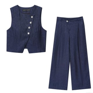 Women's Western Style Linen Texture Vest and Wide Leg Pants Set Asymmetric Single Breasted Sleeveless Waistcoat High Waist Trousers Two Piece Suit