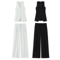 Women's Casual Vest And Wide Leg Pants Two Piece Set V Neck Single Breasted Sleeveless Waistcoat Solid Color High Waist Trousers Office Lady Suits