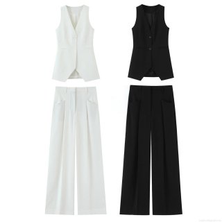 Women's Casual Vest And Wide Leg Pants Two Piece Set V Neck Single Breasted Sleeveless Waistcoat Solid Color High Waist Trousers Office Lady Suits