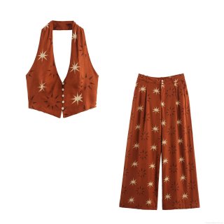 Women's Two-Piece Set Linen Blend Polyester Halter Neck Cropped Top and High Waist Wide Leg Pants Vintage Sun Star Print Bohemian Style Summer Beach Vacation Holiday Wear For Women