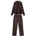 Women's Faux Suede Two Piece Set Long Sleeve Button Down Shirt And Straight Leg Pants Solid Color Casual Retro Streetwear Tracksuit For Daily Wear